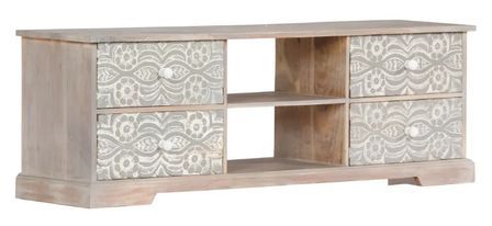 Meuble TV 4 tiroirs acacia massif blanc et gris brossé Mulko