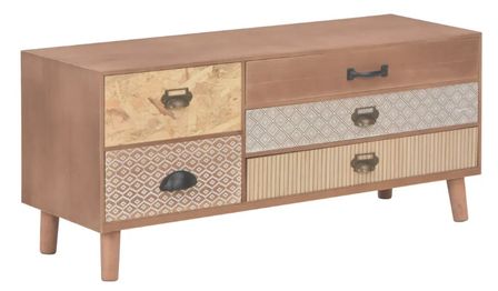 Meuble TV 5 tiroirs pin massif foncé Séo