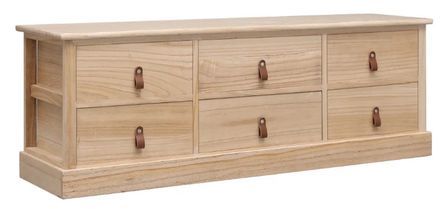 Meuble TV 6 tiroirs paulownia clair et poignées cuir Vero