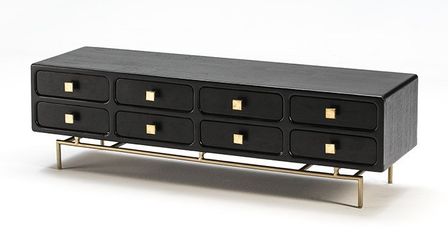 Meuble TV 8 tiroirs bois massif noir et pieds métal doré 160 cm