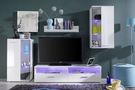 Meuble TV à LED 4 pièces bois laqué blanc Loungo