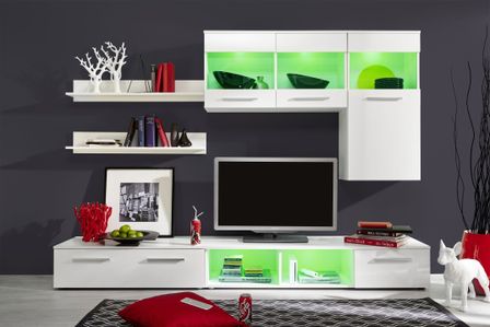 Meuble TV à LED 6 pièces bois laqué blanc Siska