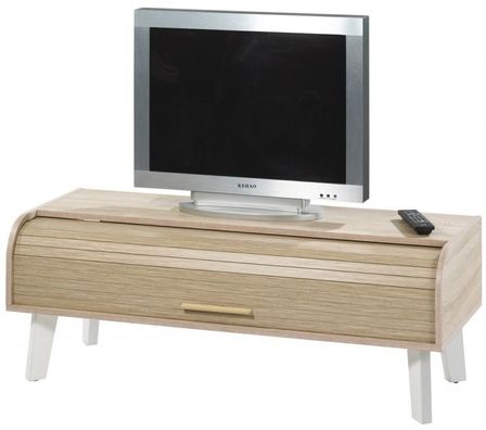 Meuble TV à rideau bois chêne clair et pieds blanc Hippie