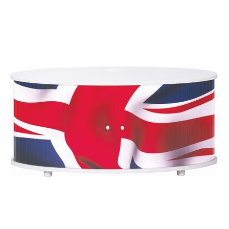 Meuble TV à rideaux coulissants bois blanc imprimé Anglais Desky