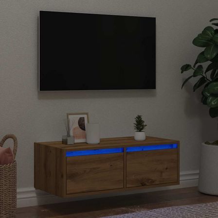 Meuble TV avec lumières LED chêne artisanal 75x35,5x25 cm