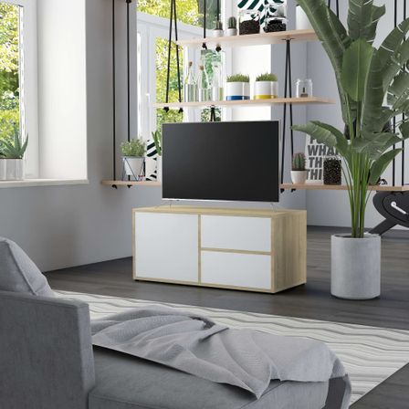 Meuble TV Blanc et chêne sonoma 80x34x36 cm