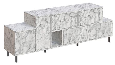 Meuble TV bois blanc effet marbre mélaminé 6 tiroirs 1 porte Kermina 171 cm