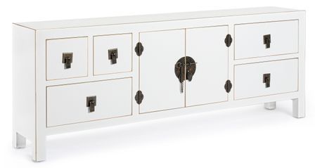 Meuble TV bois de sapin blanc 2 portes 5 tiroirs Peno L 130 cm