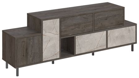 Meuble TV bois marron et beige effet marbre mélaminé 6 tiroirs 1 porte Kermina 171 cm
