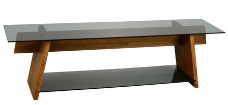 Meuble TV bois massif et verre trempé fumé noir Barkola 160 cm