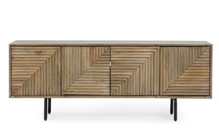 Meuble TV DARSEY 140 cm – 4 portes, bois massif naturel & piétement acier noir