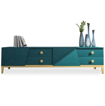 Meuble TV design 4 tiroirs bois bleu et pieds métal doré Azuro L 180 cm