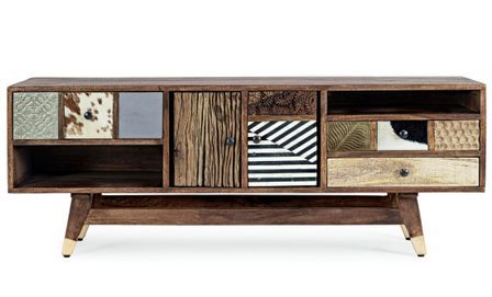 Meuble TV DOKI 140 cm – 2 portes, 3 tiroirs, 2 niches – Multimatières colorées & esprit artisanal