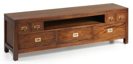 Meuble TV en bois d'acajou massif 1 niche 7 tiroirs FALKANE 160 cm