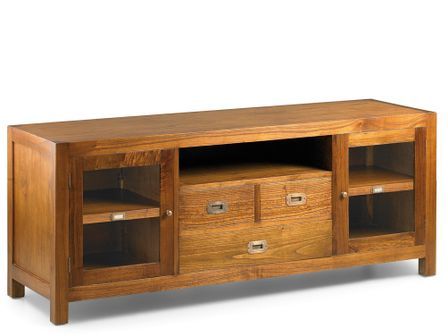 Meuble TV en bois massif ORKA 150 cm – 3 tiroirs, 2 portes vitrées & 1 niche