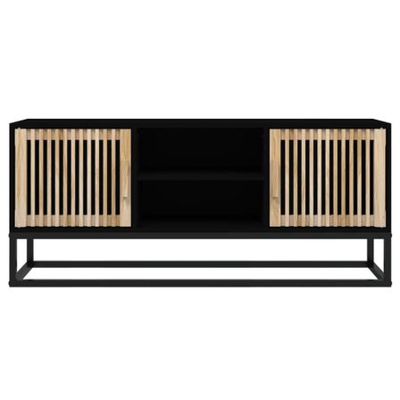 Meuble TV en bois naturel avec 2 portes 2 étagères et pieds en métal noir 105 cm - Modèle Bolivia