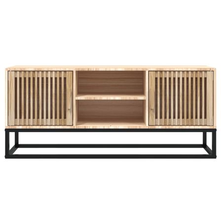 Meuble TV en bois naturel avec 2 portes 2 étagères et pieds en métal noir 105 cm - Modèle Bolivia