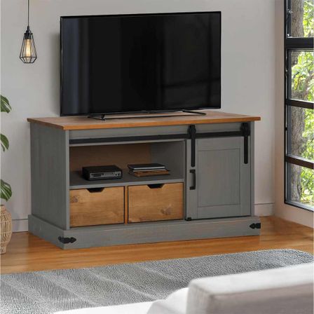 Meuble TV HALDEN porte coulissante gris 110x40x60cm bois massif