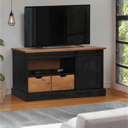 Meuble TV HALDEN porte coulissante noir 110x40x60cm bois massif