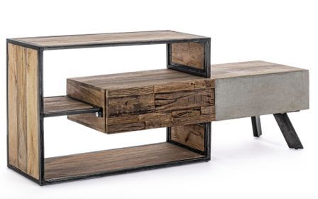 Meuble TV industriel MANCHESTER – 2 tiroirs & 2 niches, bois de manguier recyclé & acier noir