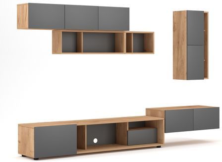 Meuble TV mural 8 pièces bois naturel et gris anthracite Bozena