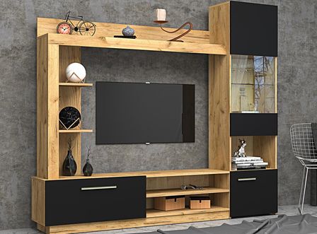 Meuble TV mural bois clair et noir Doris 209 cm