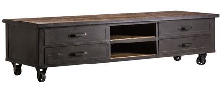 Meuble TV pin massif recyclé clair et métal noir Markus