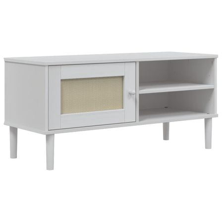 Meuble TV SENJA aspect rotin blanc 106x40x49cm bois massif pin
