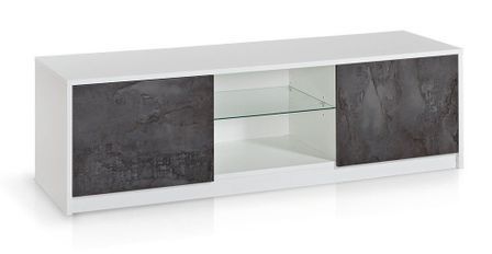 Meuble TV suspendu 2 portes 2 niches mélaminé blanc et gris Soli L 150 cm