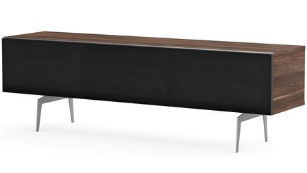 Meuble TV tissu acoustique noir et bois foncé pieds métal Darwin 160 cm