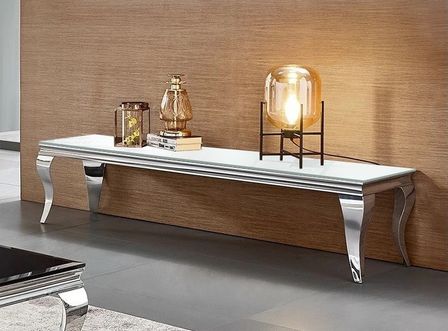 Meuble TV verre blanc et métal chromé Boza