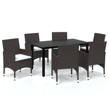 Meubles à dîner de jardin et coussins 7 pcs Poly rotin Marron