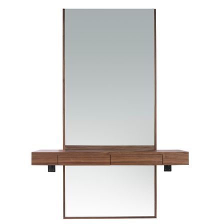 Miroir d’entrée rectangulaire avec rangement – Cadre bois plaqué noyer naturel – L 120 x H 180 x P 35 cm