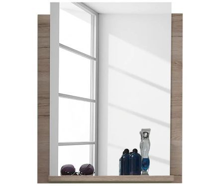 Miroir mural avec étagère mélaminé blanc et chêne clair Masie