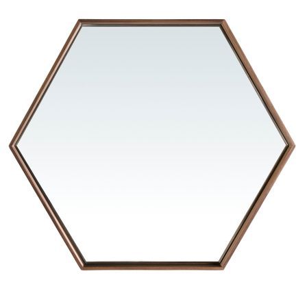 Miroir mural hexagonal – Cadre bois plaqué noyer naturel – 46 x 40 cm