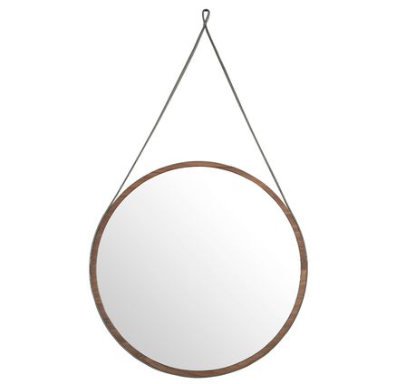 Miroir mural rond Ø75 cm – Bois plaqué noyer & cuir de vachette chocolat