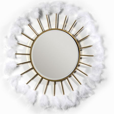 Miroir mural rond art déco métal doré et plumes blanches KITA - Ø 103 cm