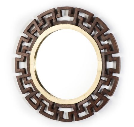 Miroir mural rond bois massif foncé et métal doré Caesar