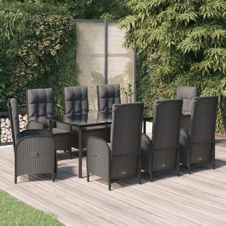 Mobilier à dîner de jardin 9pcs et coussins noir résine tressée
