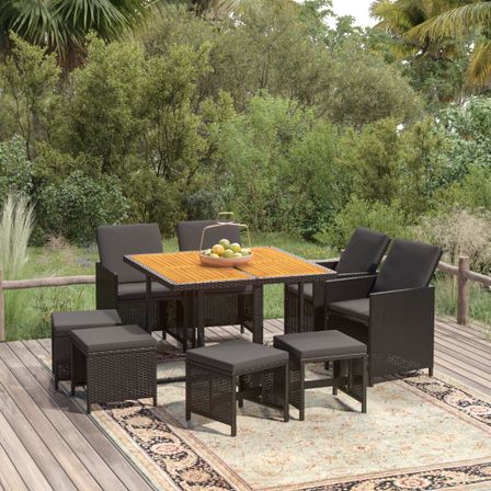 Mobilier à dîner de jardin et coussins 9pcs Résine tressée Noir