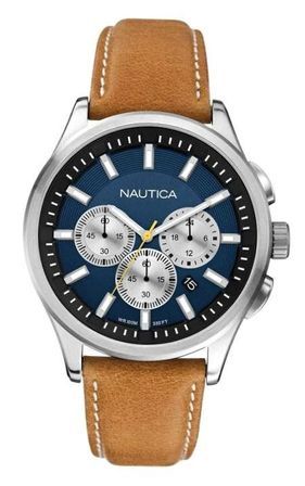 Nautica Nct 17 - City - Casual Leisure A16695g - Br Slv Case - Navy Dial - Chronograph - Tan Pu Leather Strap - 44 Mm