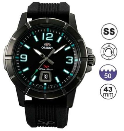 Orient Quartz Sport - Black Ip - Black Rubber Strap - Green Index - 43mm FUNE9008B0