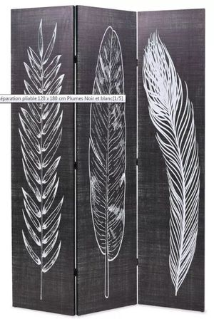 Paravent décoratif imprimé 3 volets bois et tissu noir et blanc Kokko