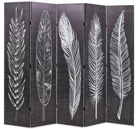 Paravent décoratif imprimé 5 volets bois et tissu noir et blanc Kokko