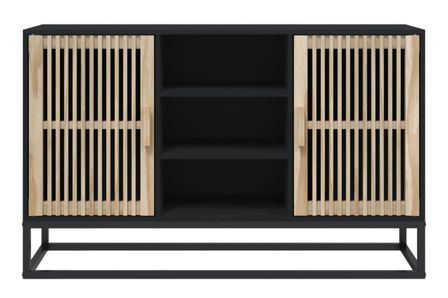 Petit buffet en bois naturel 2 portes 2 étagères et pieds en métal noir 105 cm - Modèle Bolivia