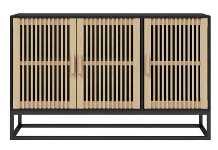 Petit buffet en bois naturel 3 portes et pieds en métal noir 105 cm - Modèle Bolivia