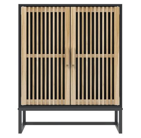 Petit meuble de rangement en bois naturel avec 2 portes et pieds en métal noir 60 cm - Modèle Bolivia