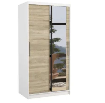 Petite armoire de chambre BAZO 2 portes coulissantes bois et miroir