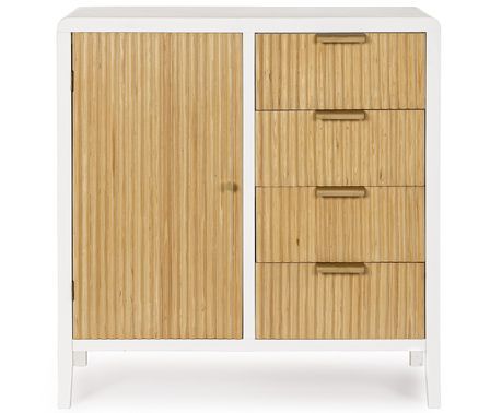 Petite commode 1 porte 4 tiroirs CHARLEY 80 cm – Blanc & naturel
