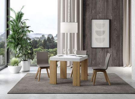 Petite table carrée extensible blanche et bois clair 90 à 246 cm Ribo